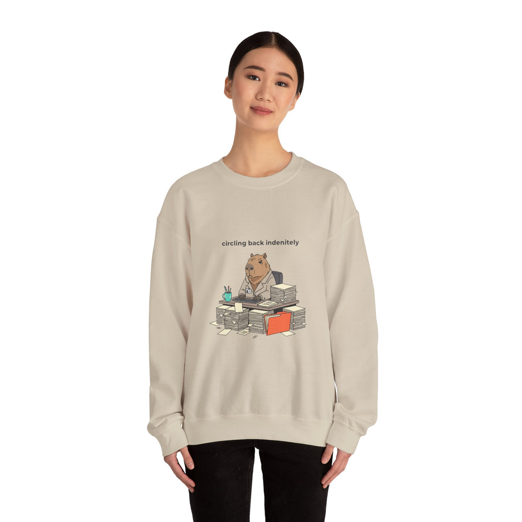circling back indebtely office raccoon Crewneck Sweatshirt | Unhinged Animal Bureaucracy, adulting animal illustration