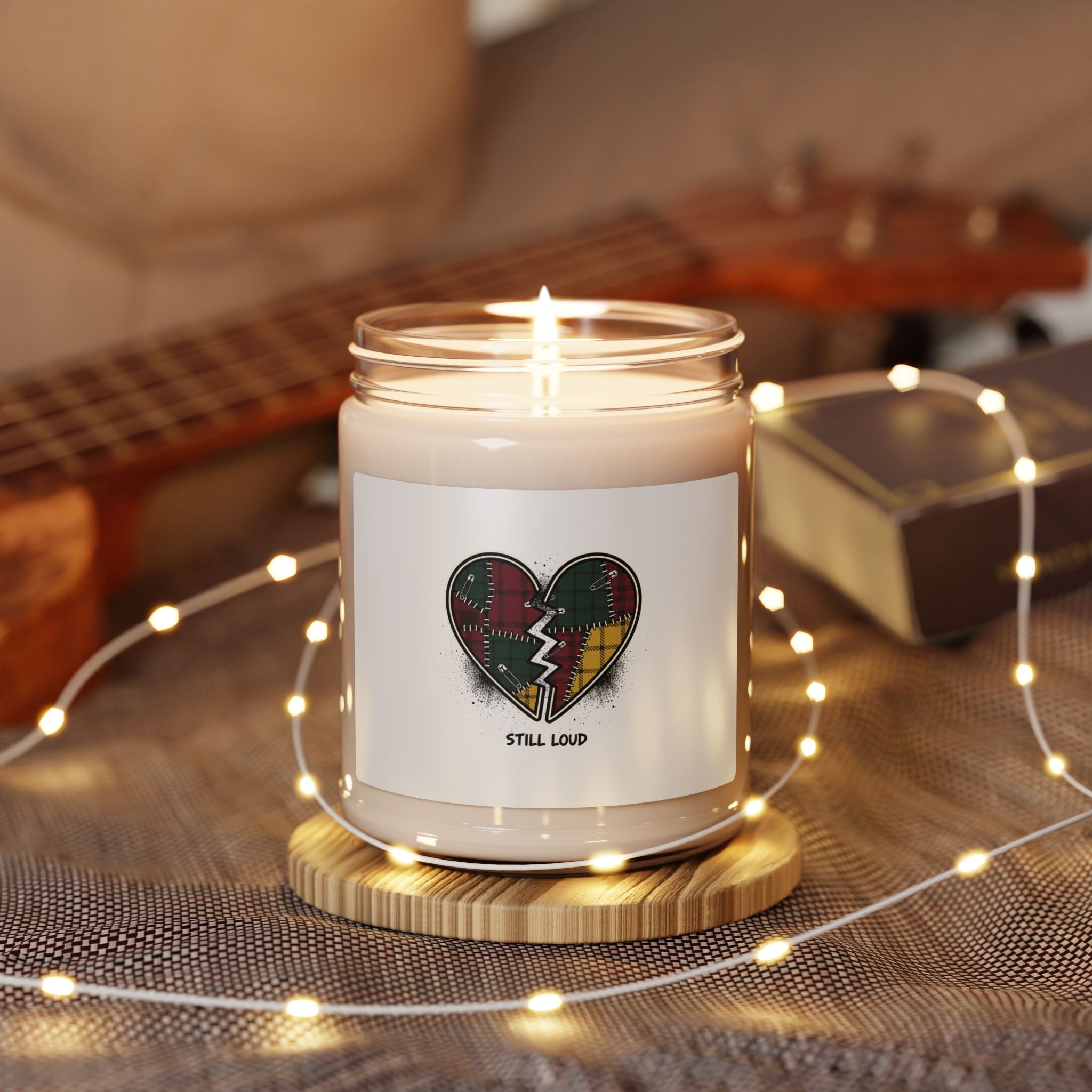 Plaid Patchwork Heart Candle, Soy Jar, Grunge Revival, 9oz