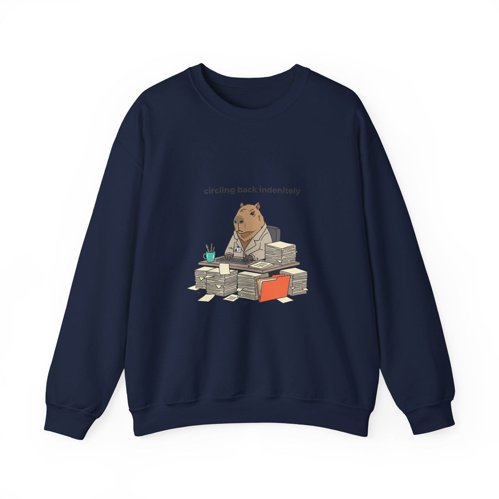 circling back indebtely office raccoon Crewneck Sweatshirt | Unhinged Animal Bureaucracy, adulting animal illustration