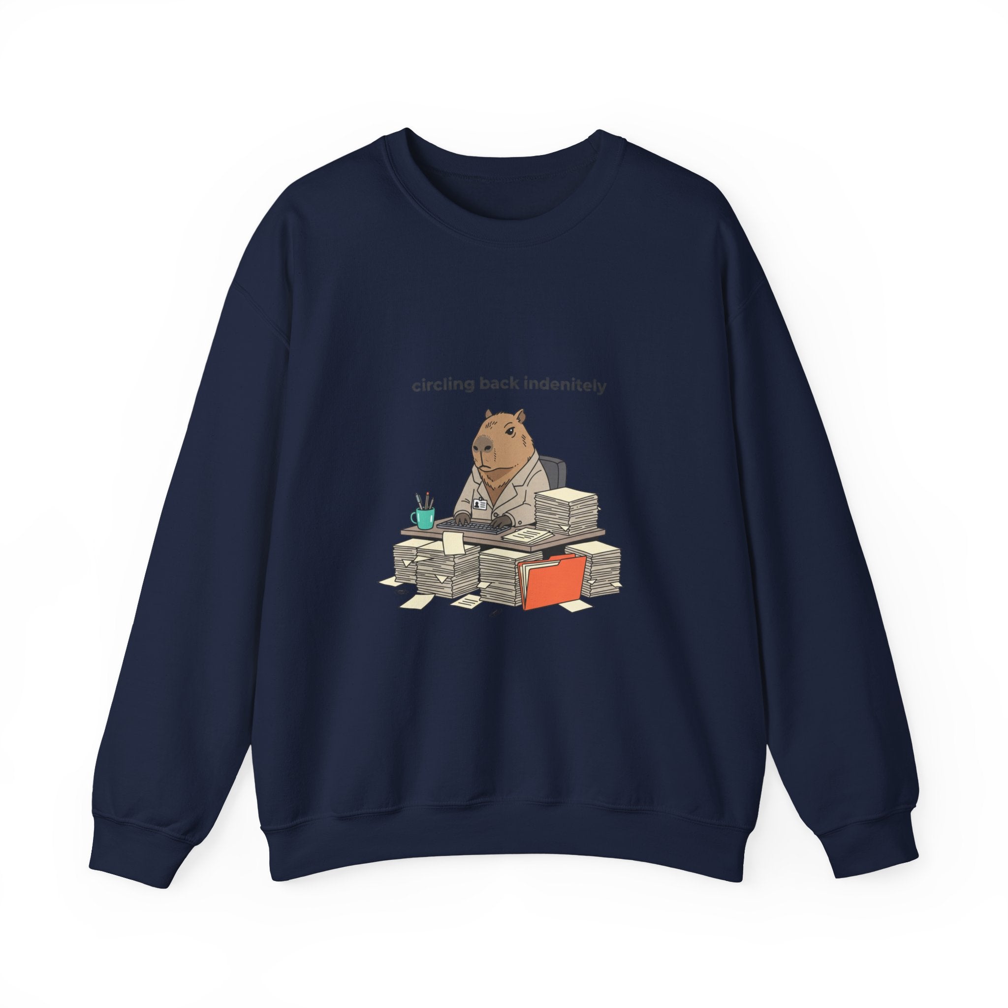 circling back indebtely office raccoon Crewneck Sweatshirt | Unhinged Animal Bureaucracy, adulting animal illustration