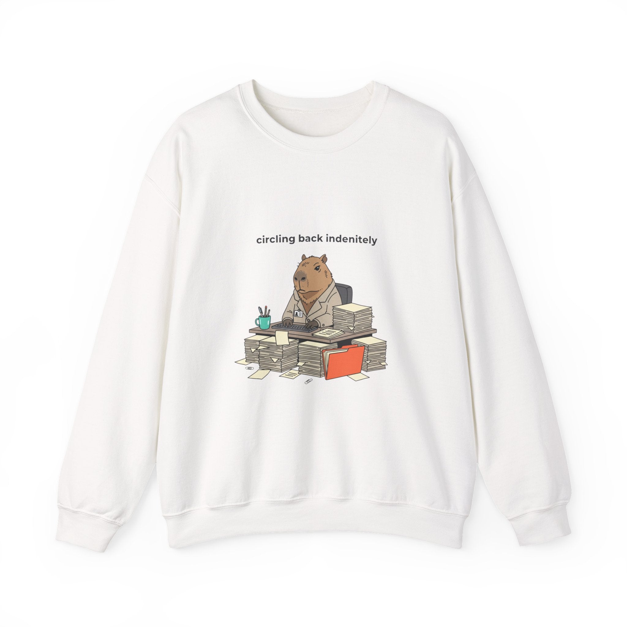 circling back indebtely office raccoon Crewneck Sweatshirt | Unhinged Animal Bureaucracy, adulting animal illustration