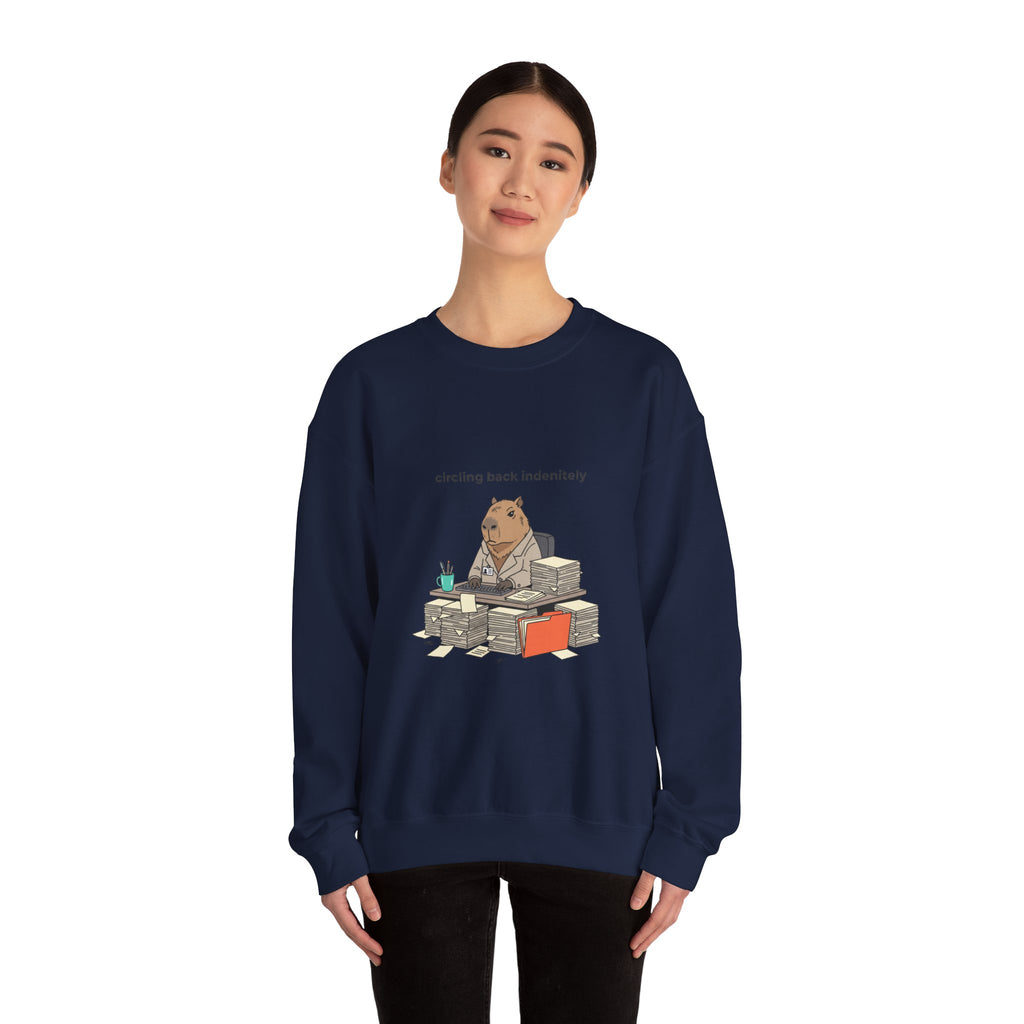 circling back indebtely office raccoon Crewneck Sweatshirt | Unhinged Animal Bureaucracy, adulting animal illustration