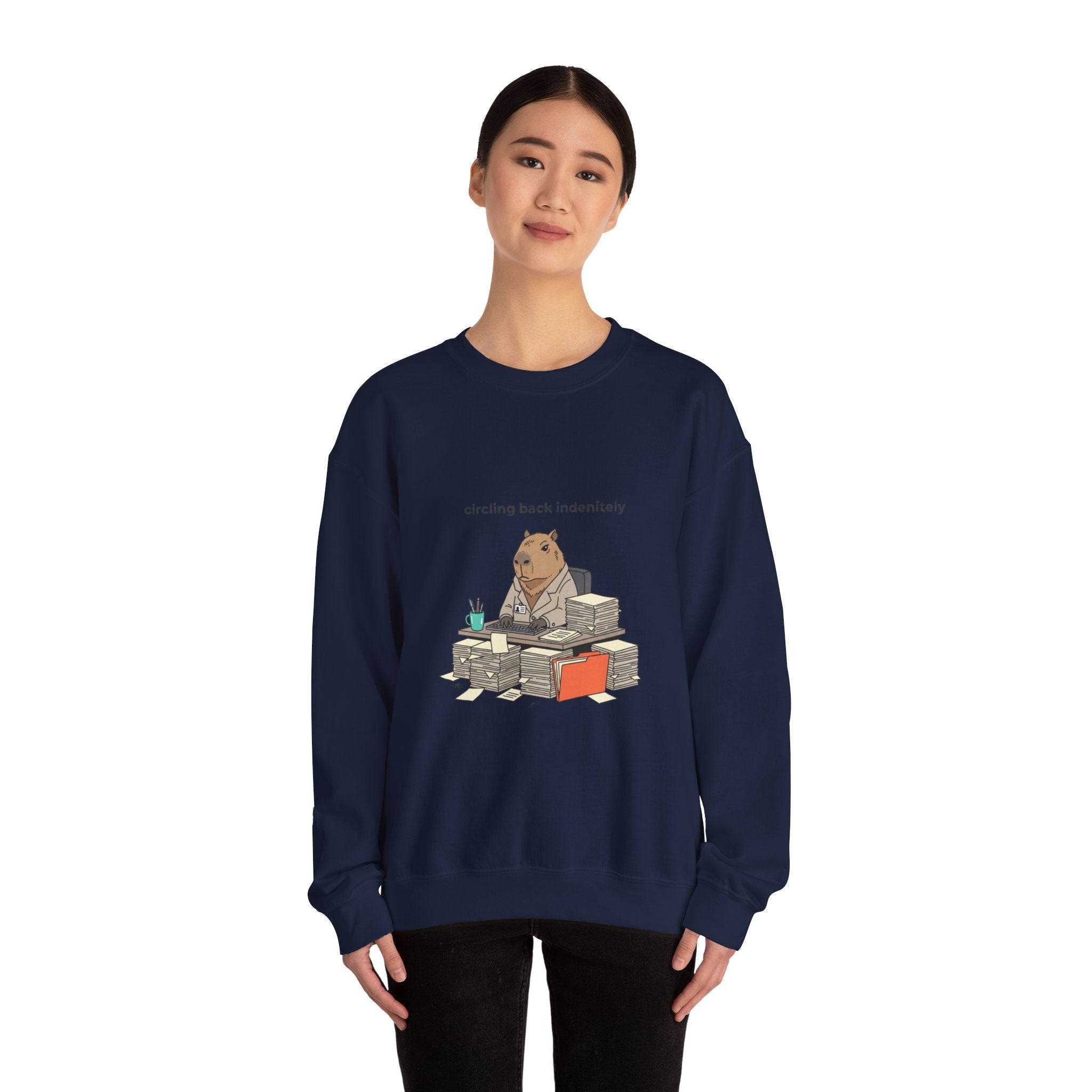 circling back indebtely office raccoon Crewneck Sweatshirt | Unhinged Animal Bureaucracy, adulting animal illustration