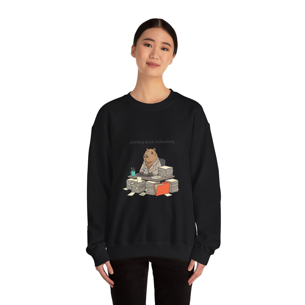 circling back indebtely office raccoon Crewneck Sweatshirt | Unhinged Animal Bureaucracy, adulting animal illustration