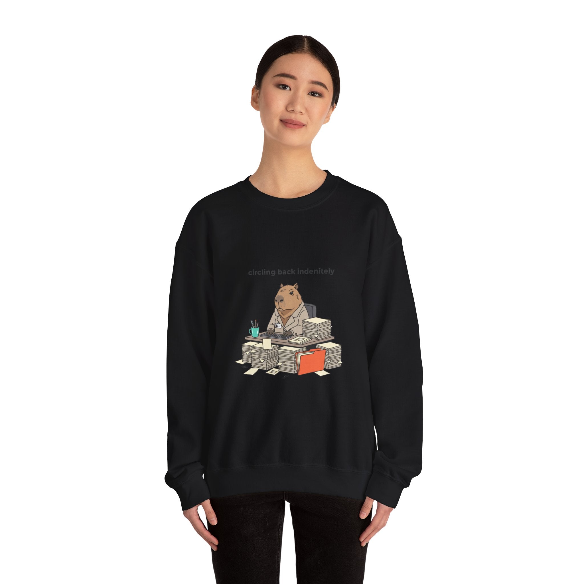 circling back indebtely office raccoon Crewneck Sweatshirt | Unhinged Animal Bureaucracy, adulting animal illustration