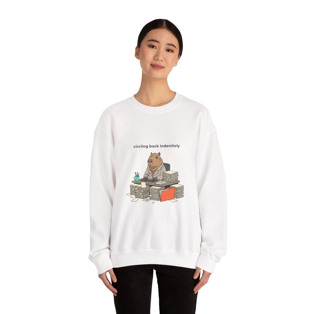 circling back indebtely office raccoon Crewneck Sweatshirt | Unhinged Animal Bureaucracy, adulting animal illustration