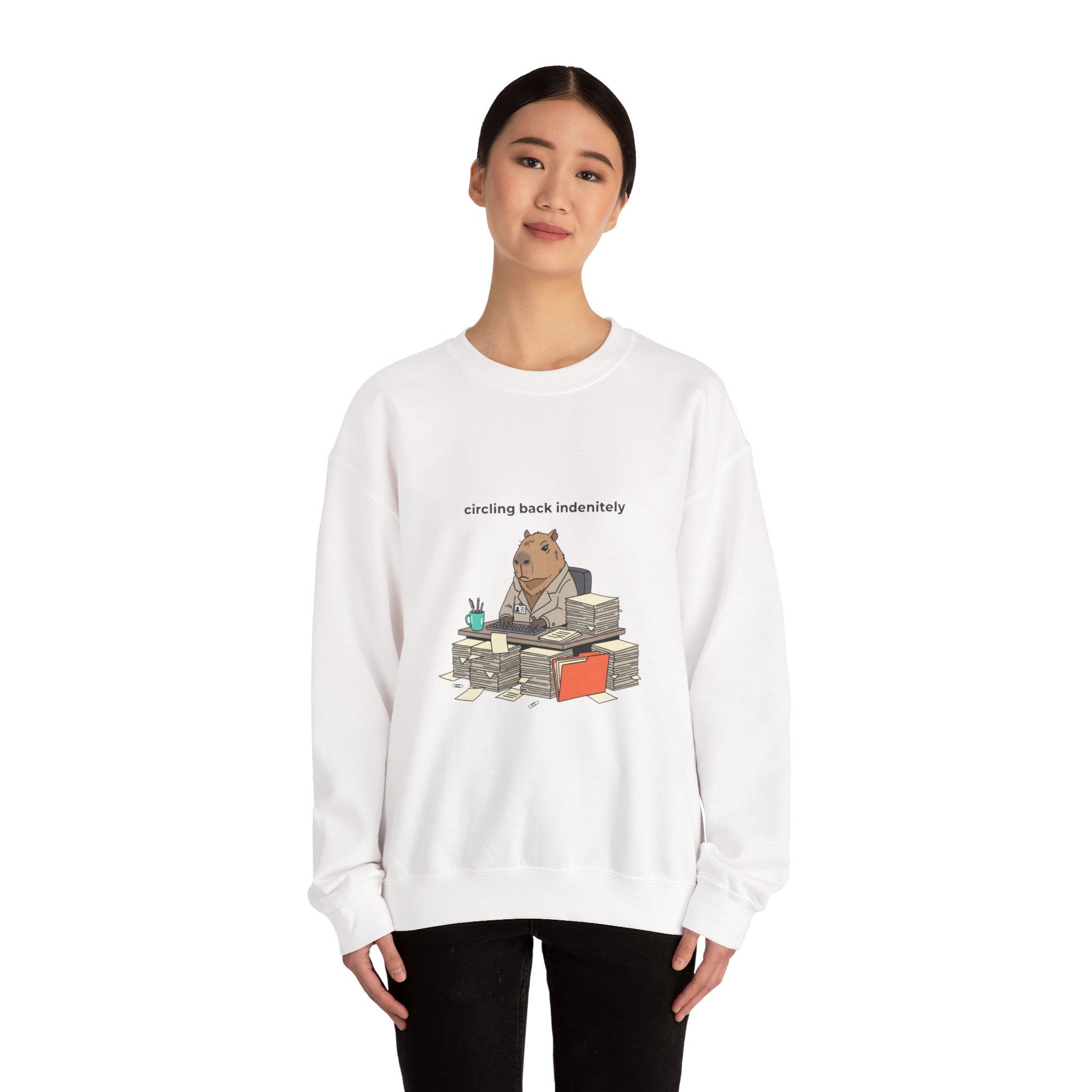 circling back indebtely office raccoon Crewneck Sweatshirt | Unhinged Animal Bureaucracy, adulting animal illustration