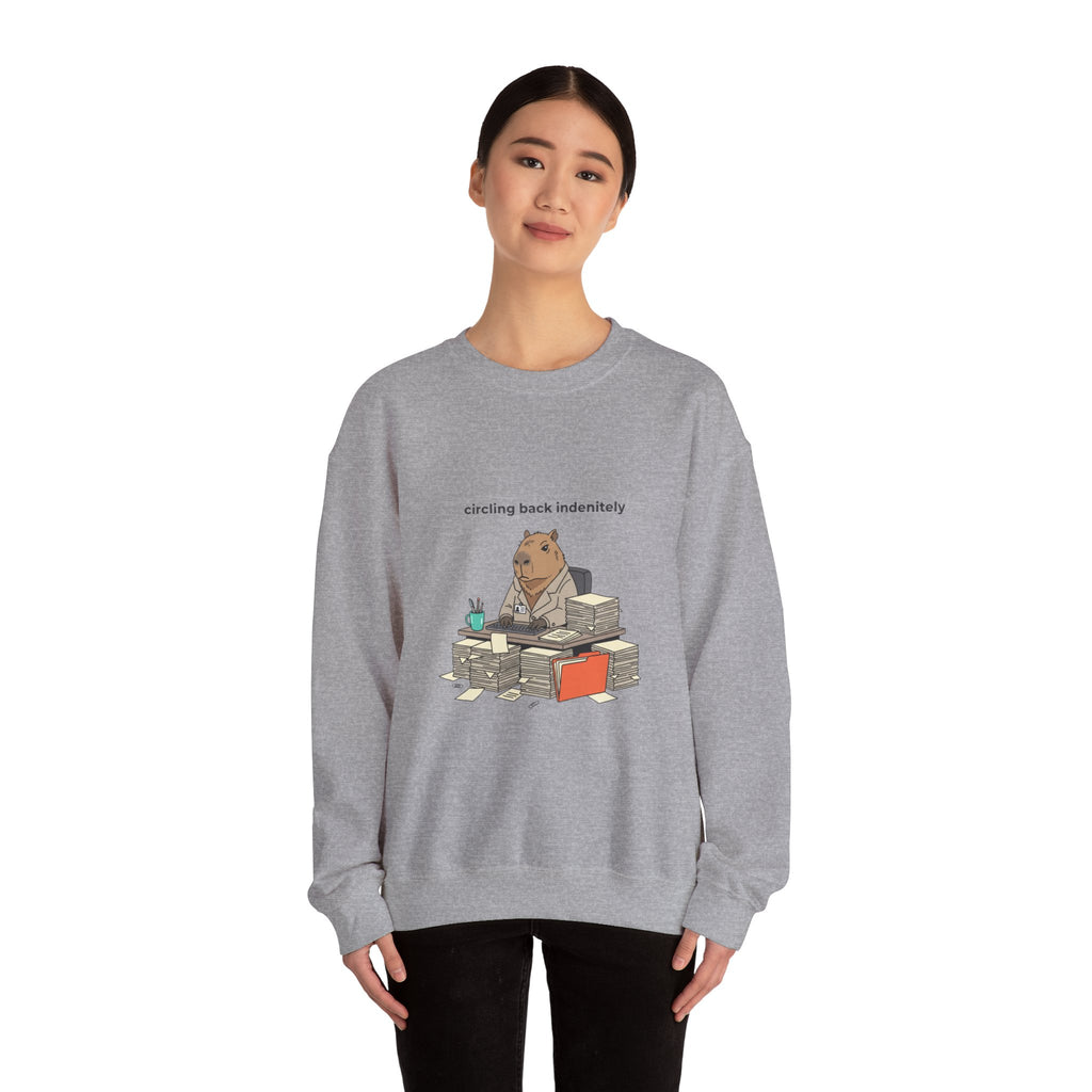 circling back indebtely office raccoon Crewneck Sweatshirt | Unhinged Animal Bureaucracy, adulting animal illustration